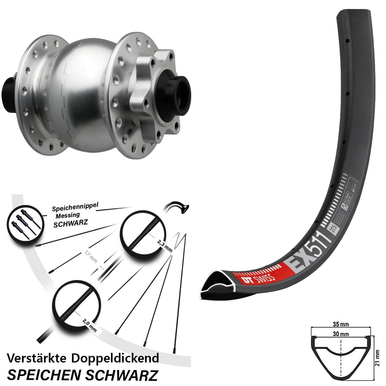 SON 28 silbern DT Swiss EX511 27,5 Zoll 6-Loch Nabendynamo-Vorderrad 15x110 Boost
