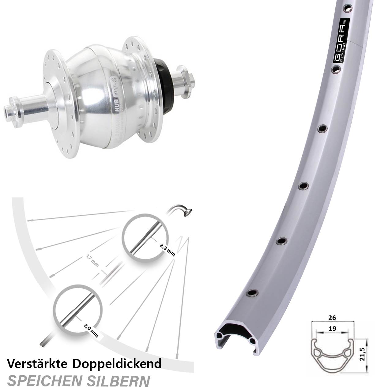 Vorderrad 28 Zoll Shutter Precision PV-8 Nabendynamo Gora 19 silbern