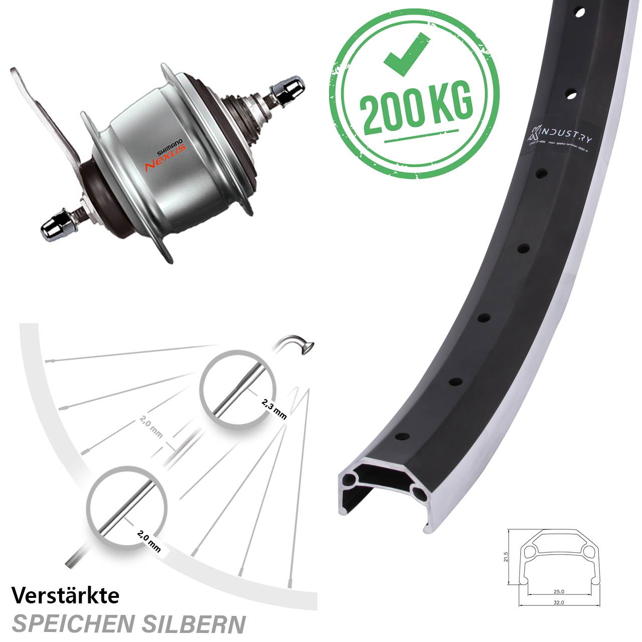 26 Zoll KX Industry Shimano Nexus 8 Gang Hinterrad mit Rücktrittbremse