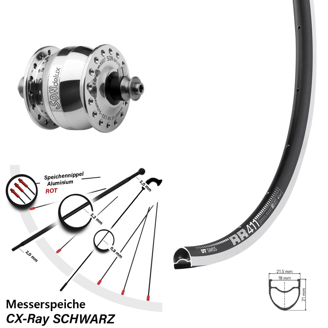 Nabendynamolaufrad 28 Zoll DT Swiss RR411 SON delux für Schnellspanner CX-Ray