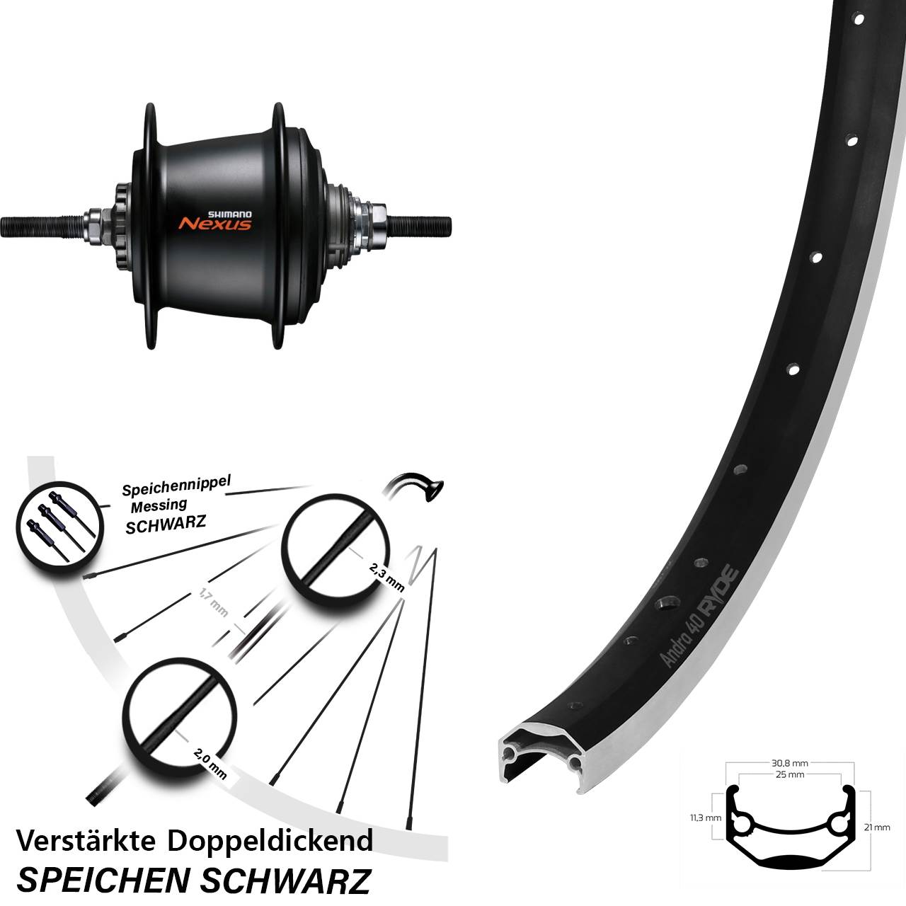 20 Zoll Hinterrad Ryde Andra 40 Shimano SG-C3001 7-Gang schwarz