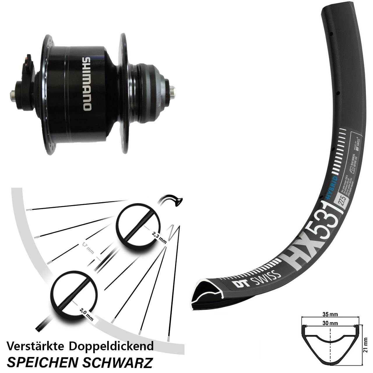 Disc Nabendynamovorderrad 29 Zoll DT Swiss HX 531 Shimano DH-3D72 für Schnellspanner