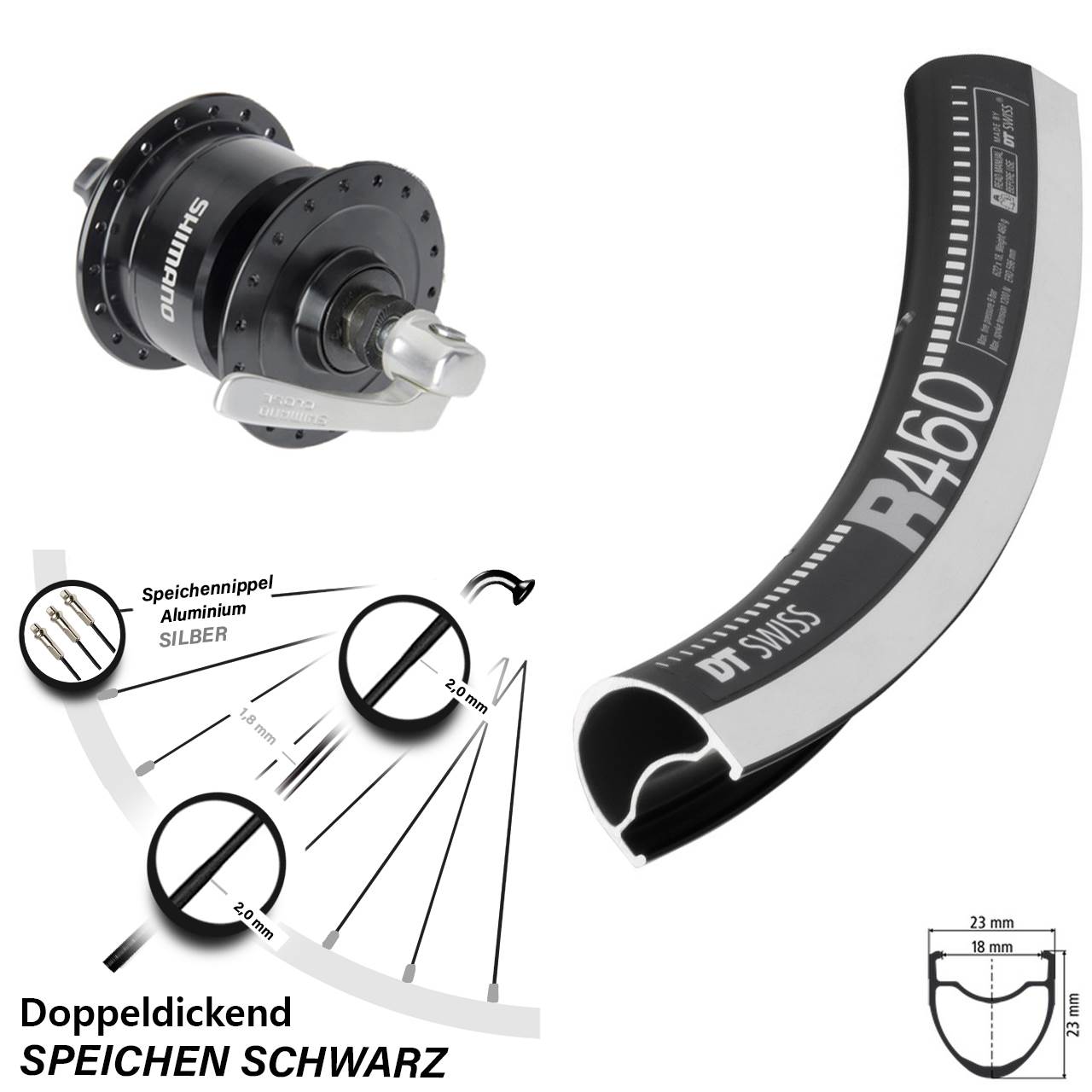 Vorderrad mit Nabendynamo QR 28 Zoll DT Swiss R 460 Shimano DH-3N72