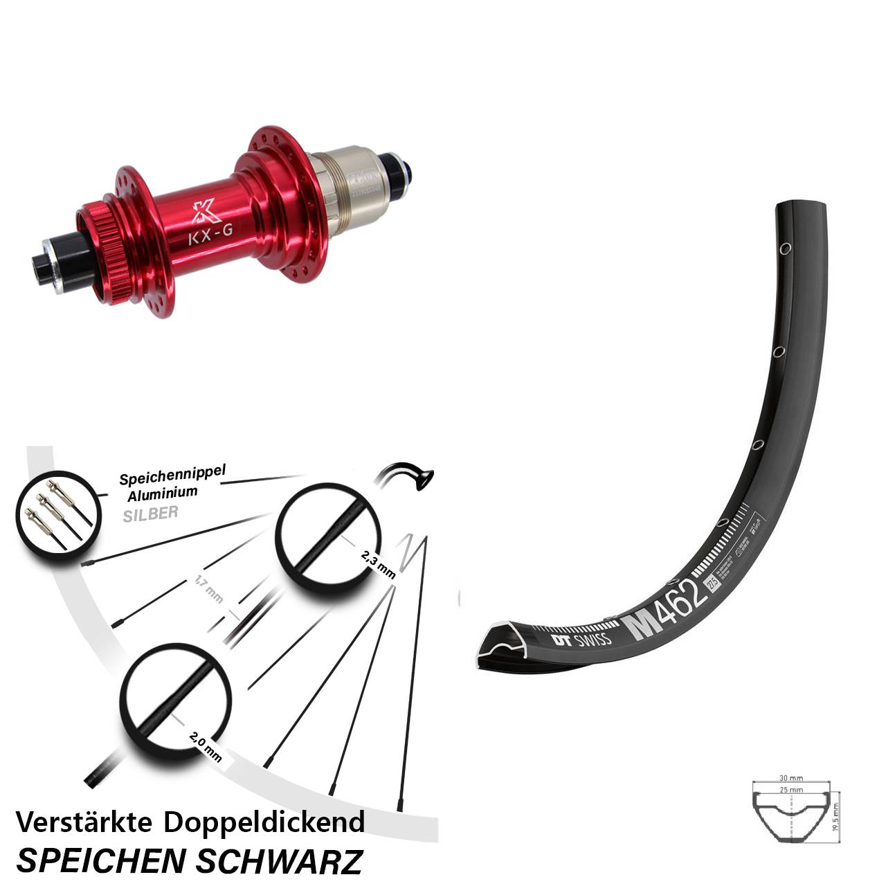 27,5 Zoll DT Swiss M 462 KX-G rot Disc Laufrad für Schnellspanner XDR