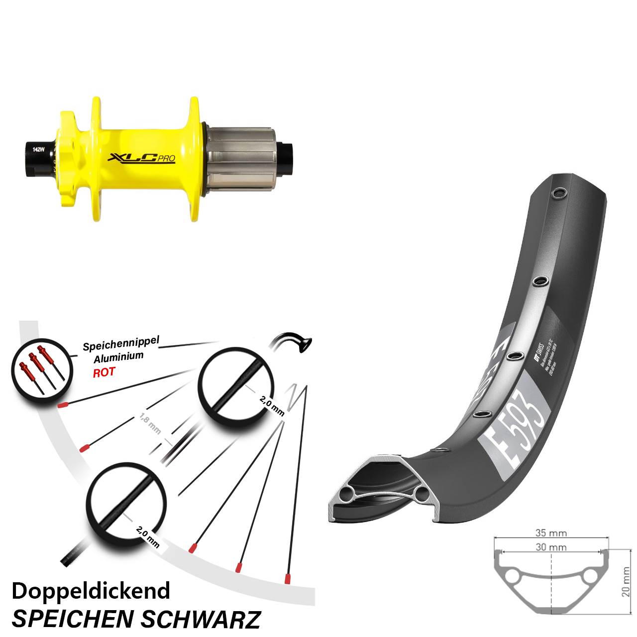 29 Zoll DT Swiss E593 XLC gelb Hinterrad 6-Loch 12x142 8-11 fach