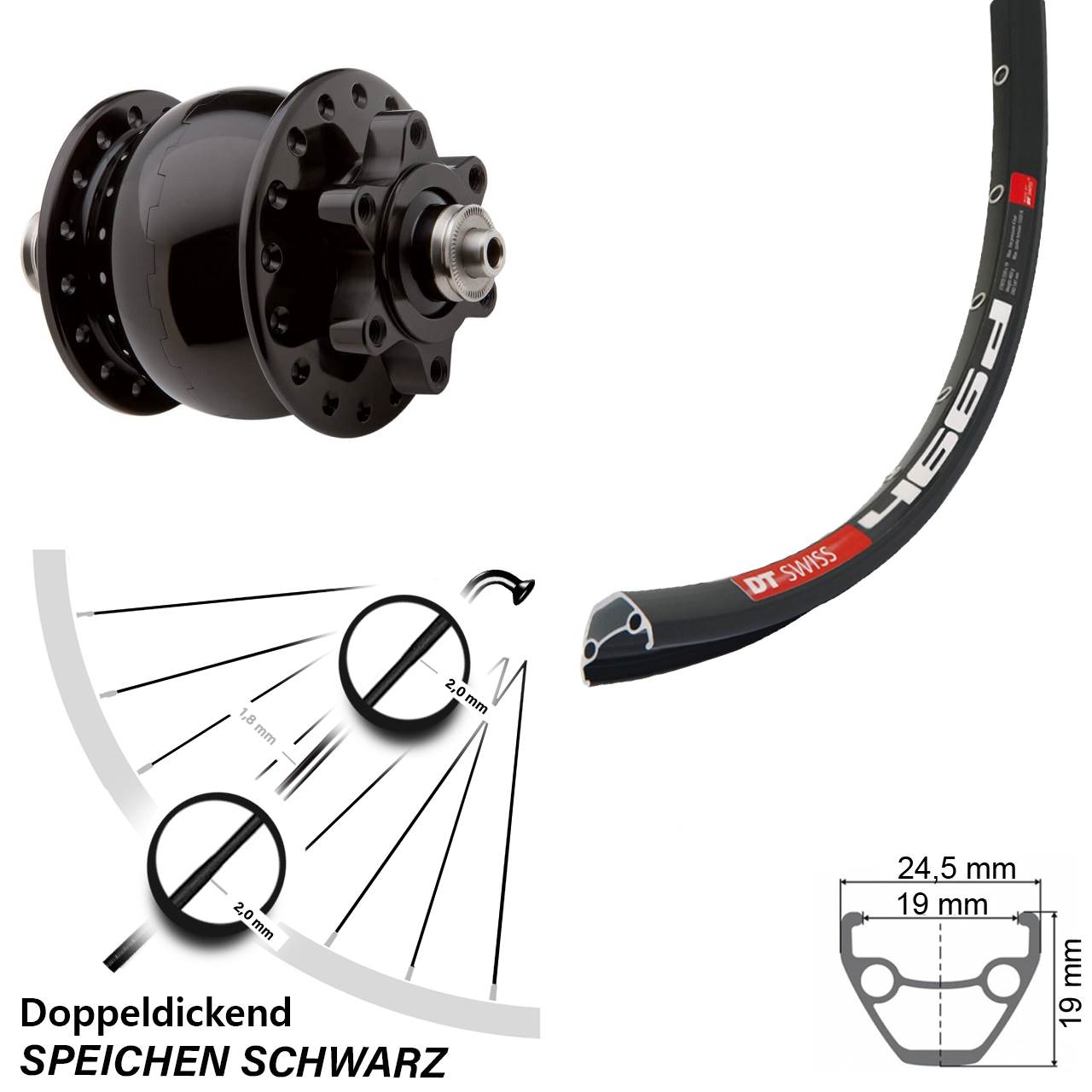 Dynamo Vorderrad DT Swiss 466d SON 28 Zoll schwarz Schnellspanner Disc 6-loch