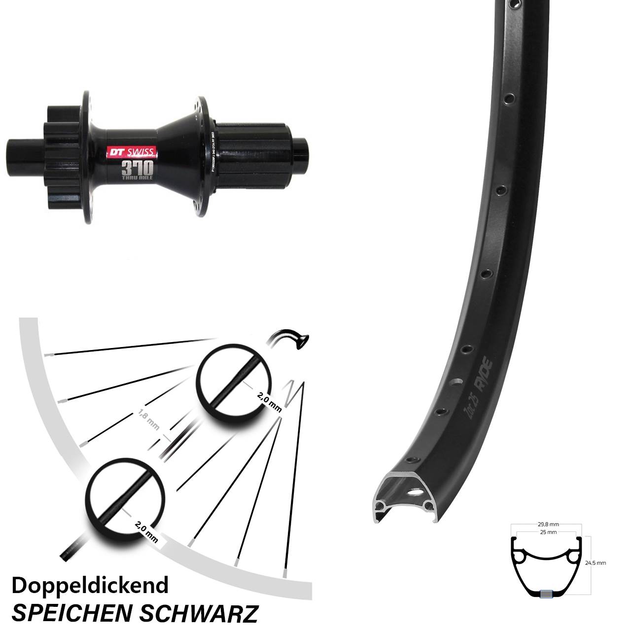 Disc Laufrad 12x142 28 Zoll Ryde ZAC 25 DT Swiss 370 8-11 fach