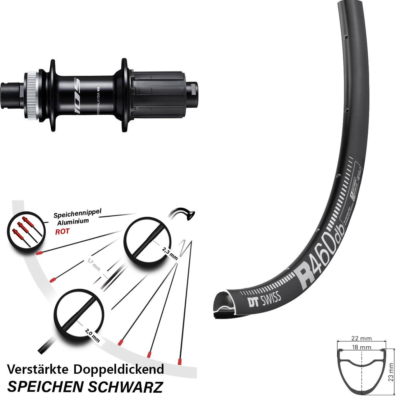 DT Swiss R 460 Shimano 105 28 Zoll Disc Hinterrad 12x142 8-12 fach