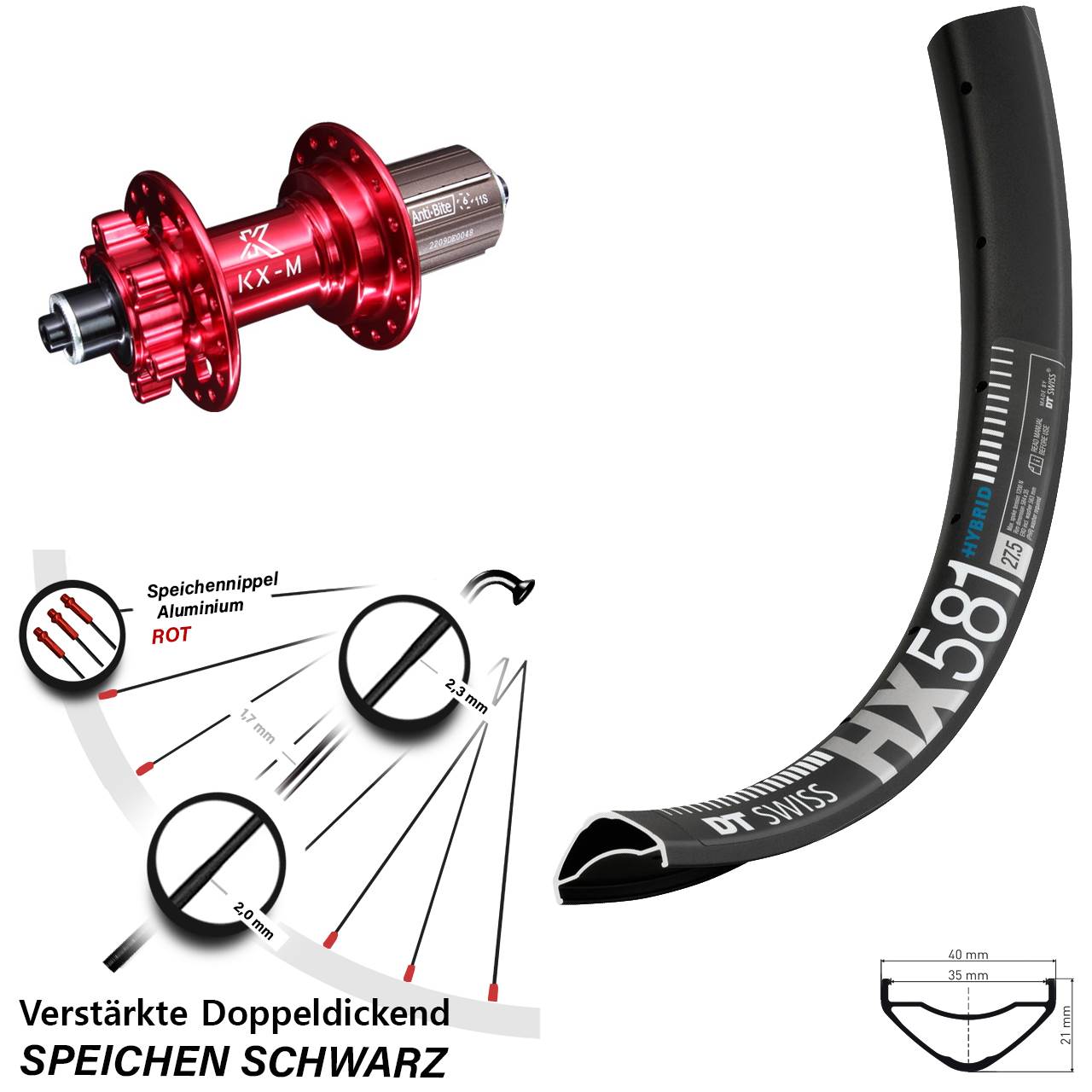 6-Loch Hinterrad für Schnellspanner 27,5 Zoll DT Swiss HX 581 KX-M rot 8-12 fach HG