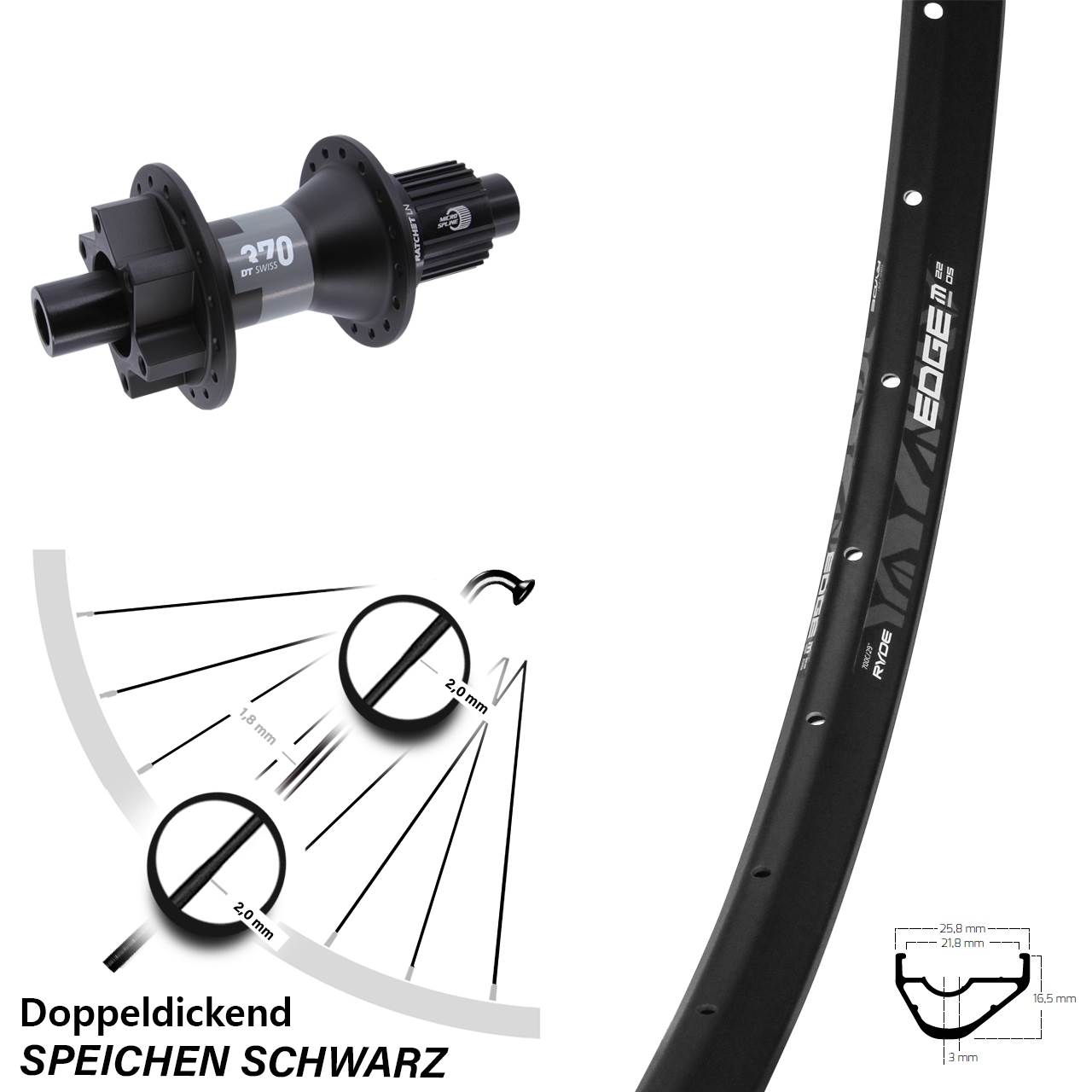6-Loch Hinterrad 29 Zoll Ryde Edge M22 DT Swiss 370 Shimano Micro Spline 12x142