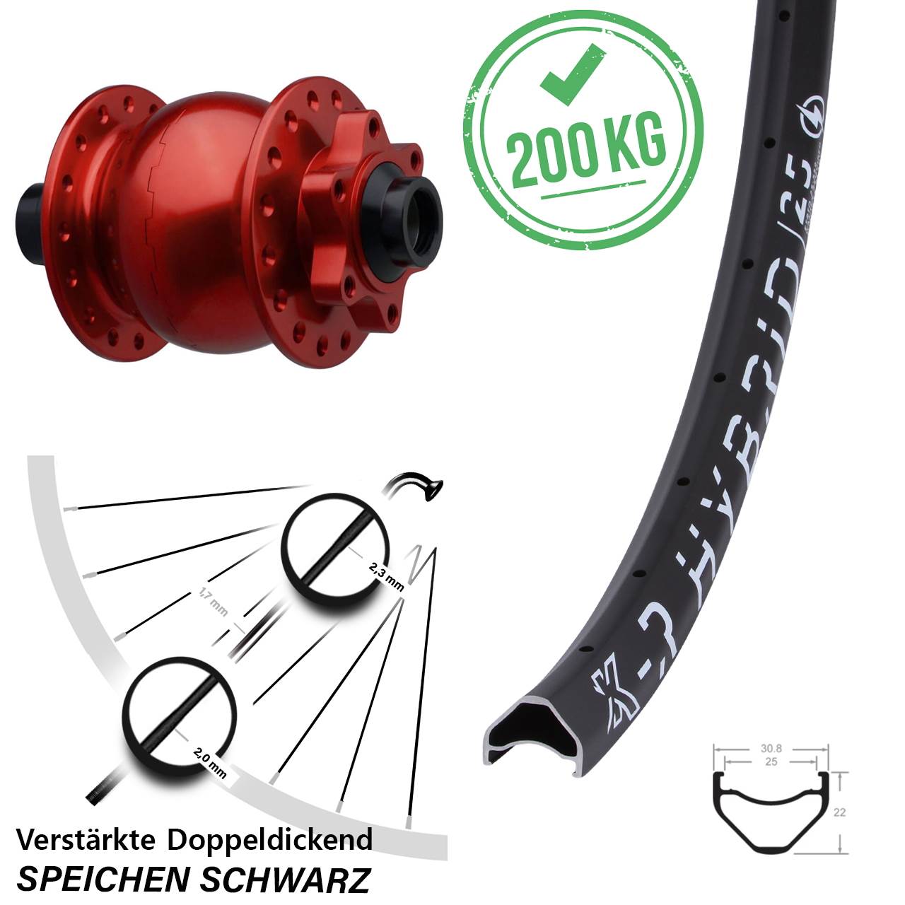 Nabendynamo SON 28 Boost 6-Loch rot eloxiert KX-R Hybrid 25 Vorderrad 29 Zoll 15x110 mm