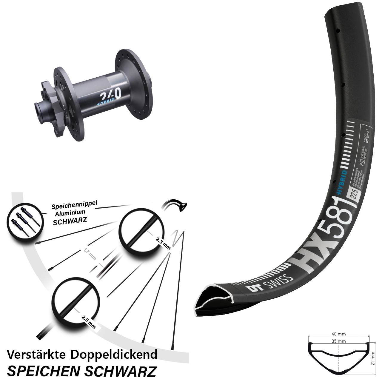 E-Bike Vorderrad 27,5 Zoll HX 581 DT Swiss 240 Hybrid Boost 15x110 mm 6-loch verstärkt