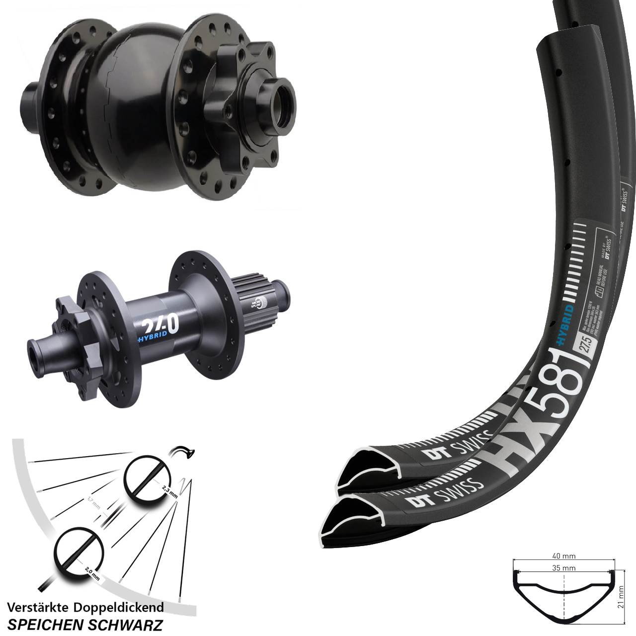 27,5 Zoll DT Swiss HX581 SON 28 240 Hybrid Micro Spline Disc Laufradsatz 15x110/148