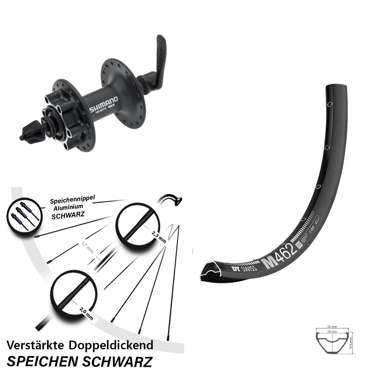 Disc Vorderrad 27,5 Zoll DT Swiss M 462 Shimano HB-M475 für Schnellspanner