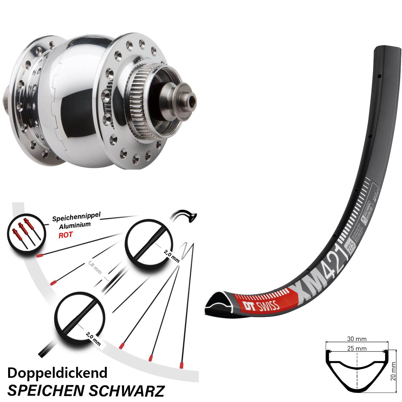 Vorderrad 27,5 Zoll DT Swiss XM 421 Nabendynamo SON 28 silber poliert Centerlock