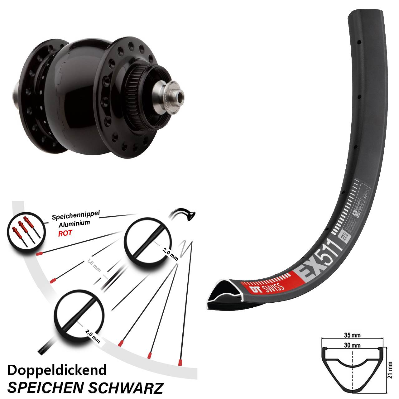 Disc Nabendynamovorderrad 29 Zoll DT Swiss EX511 SON 28 für Schnellspanner