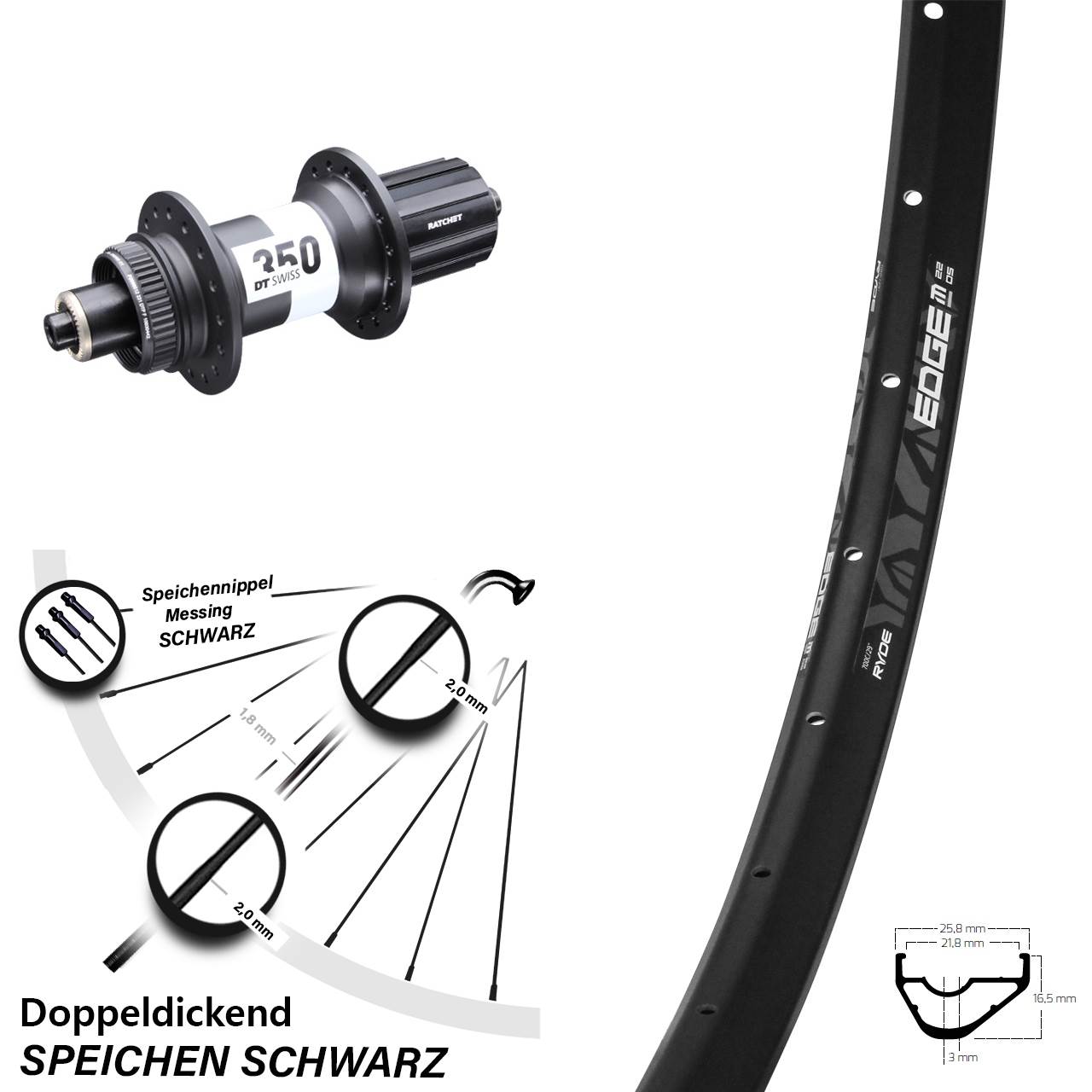 Ryde Edge M22 DT Swiss 350 28-29 Zoll Centerlock Hinterrad QR 8-11 fach