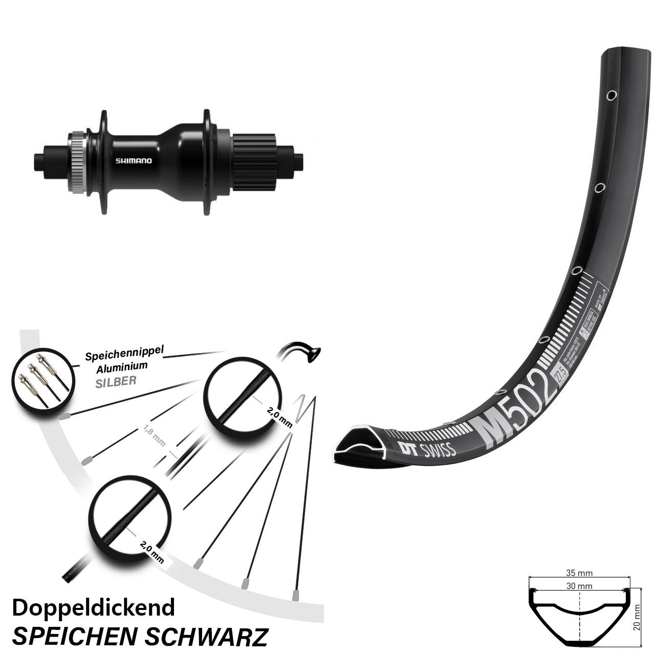 Disc Hinterrad für Schnellspanner 27,5 Zoll DT Swiss M502 Shimano FH-QC500 Micro Spline