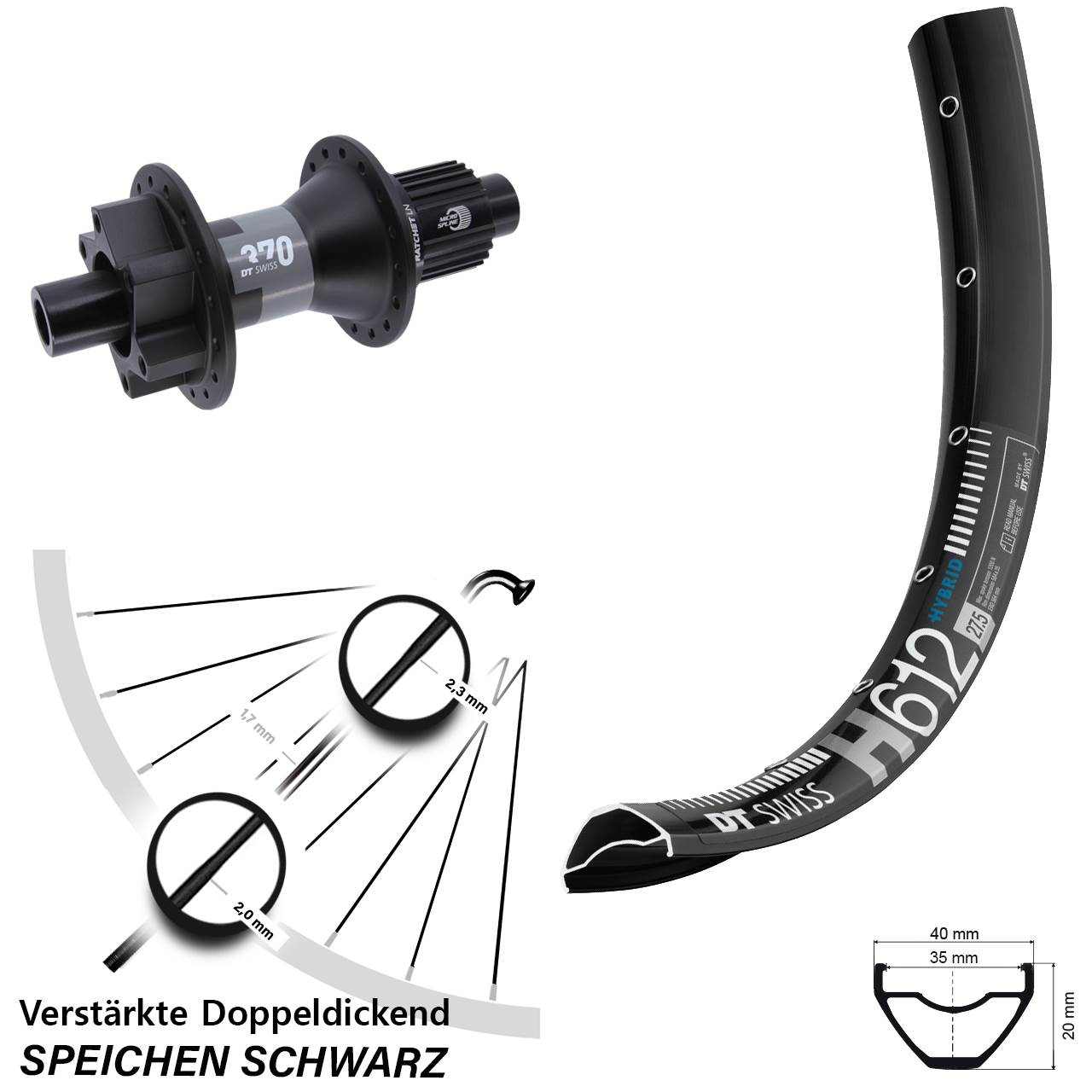 Disc Hinterrad 12x142 27,5 Zoll DT Swiss H612-370 Micro Spline