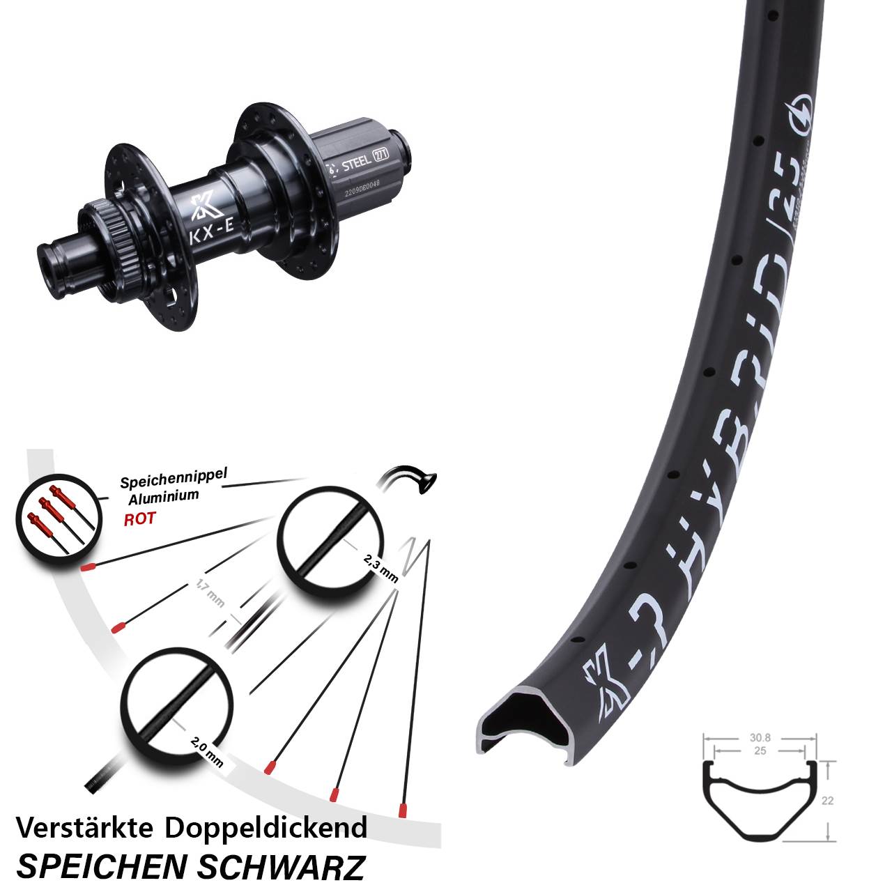 27,5 Zoll KX-R Hybrid 25 E-Bike verstärkt Disc Hinterrad 12x142 8-12 fach HG
