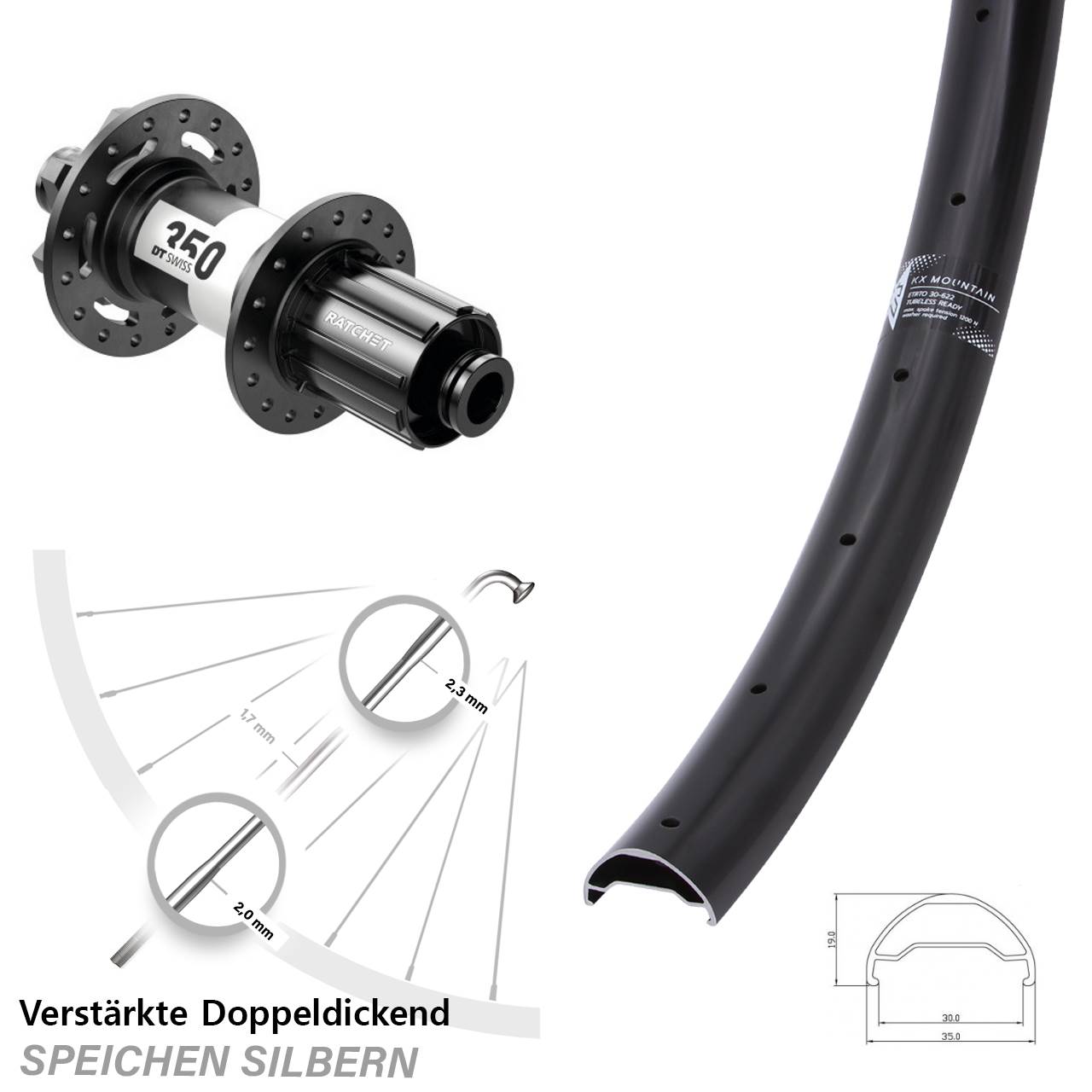 29 Zoll KX Mountain TR DT Swiss 350 Ratchet 36 Hinterrad 6-Loch 12x148 8-11 fach