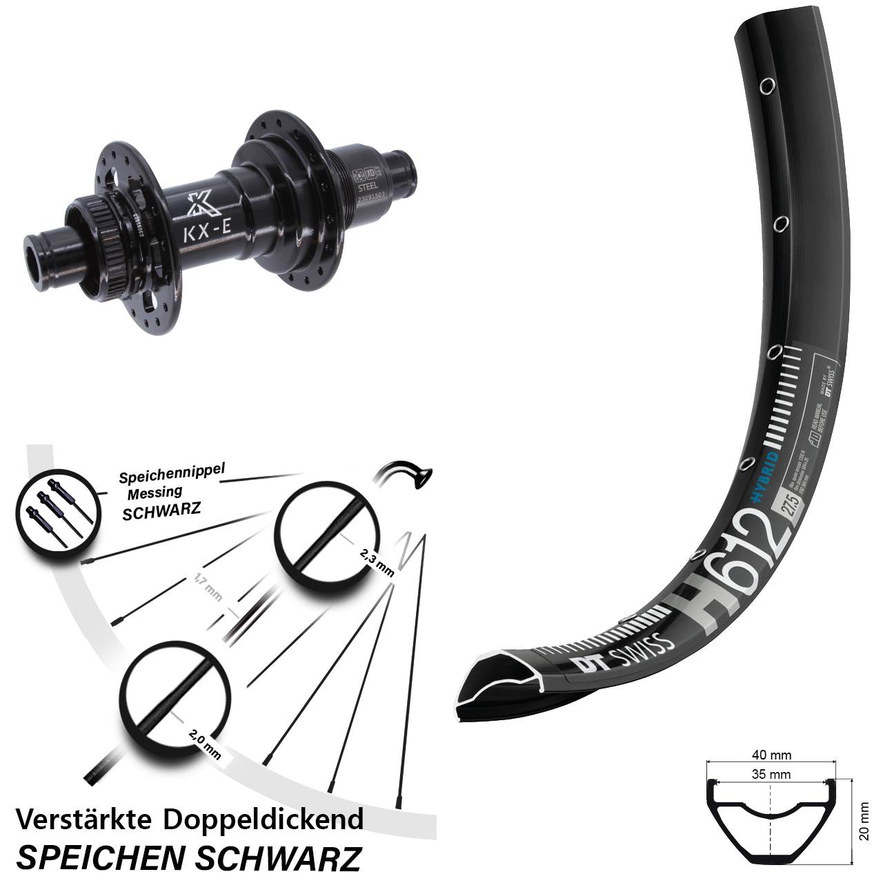 Boost Hinterrad Centerlock 12x148 27,5 Zoll DT Swiss H 612 KX-E Heavy Duty XD 11-12 fach