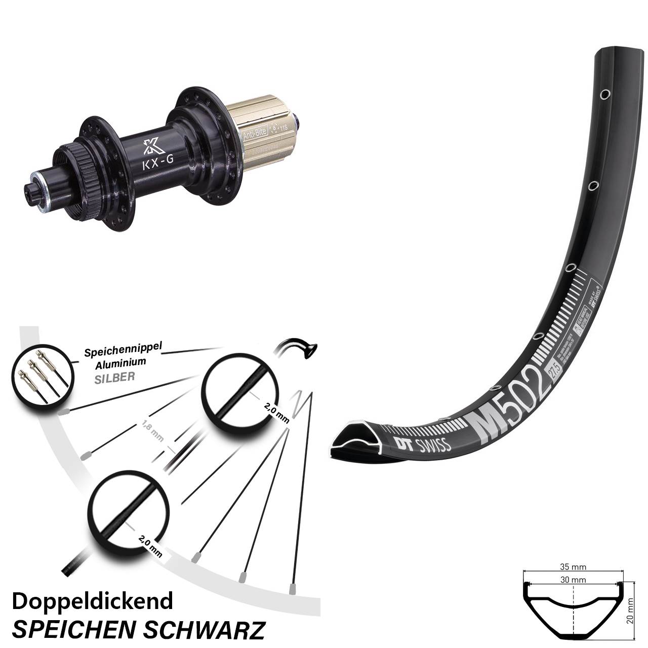 DT Swiss M502 KX-G 29 Zoll Disc Hinterrad für Schnellspanner 8-12 fach HG