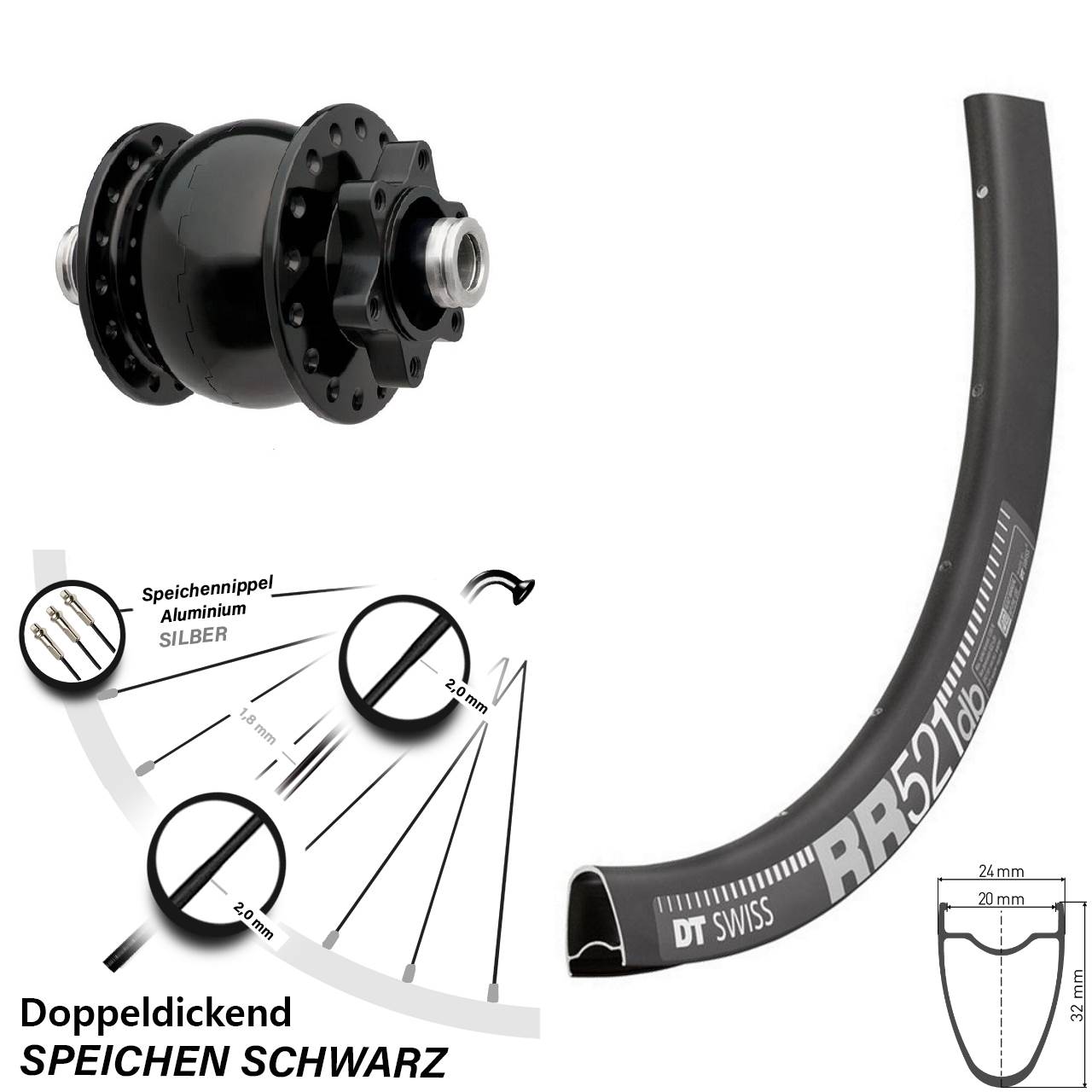 DT Swiss RR 521 SON 28 Zoll Dynamo-Vorderrad 6-Loch 12x100