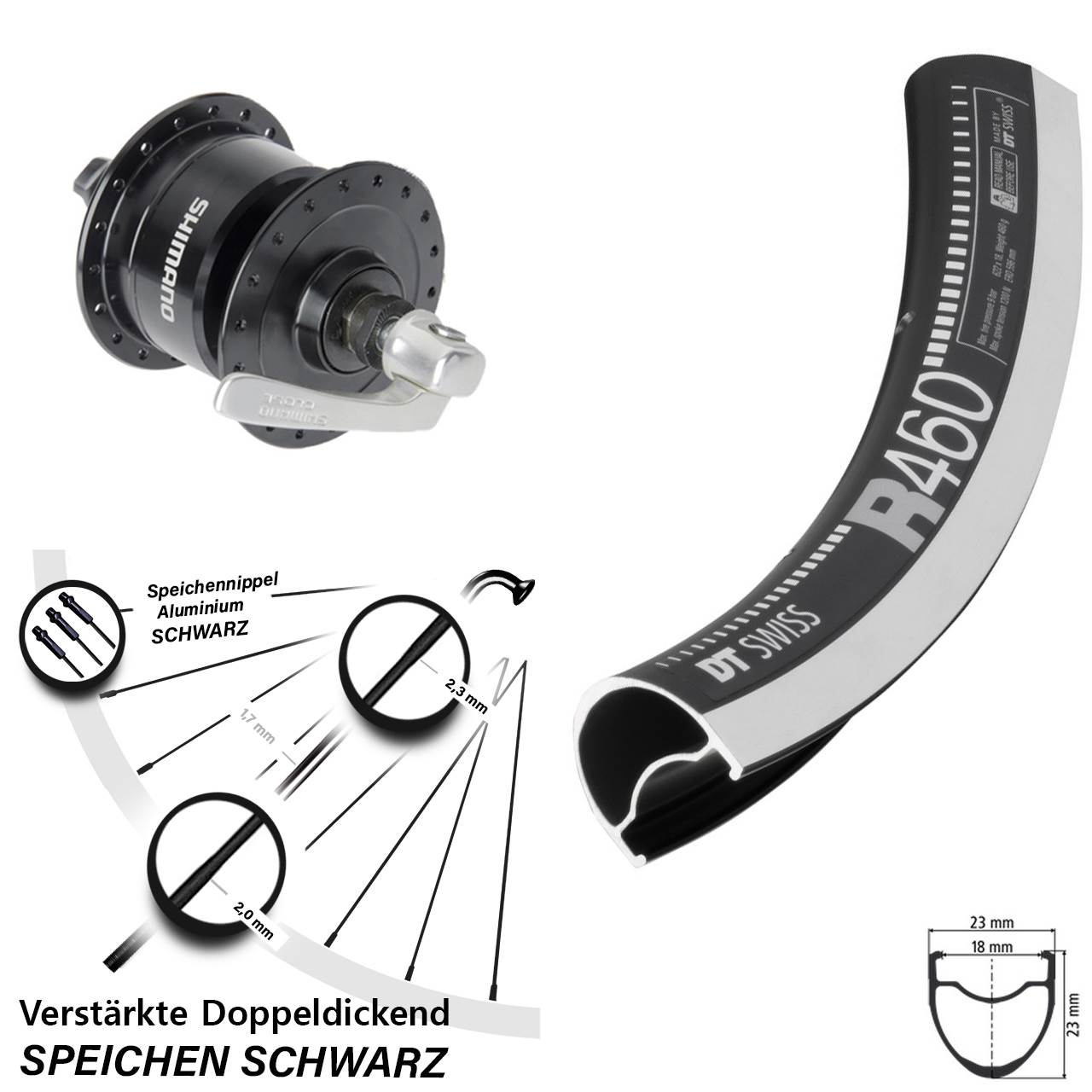 28 Zoll DT Swiss R 460 Shimano DH3N72 Vorderrad mit Nabendynamo QR