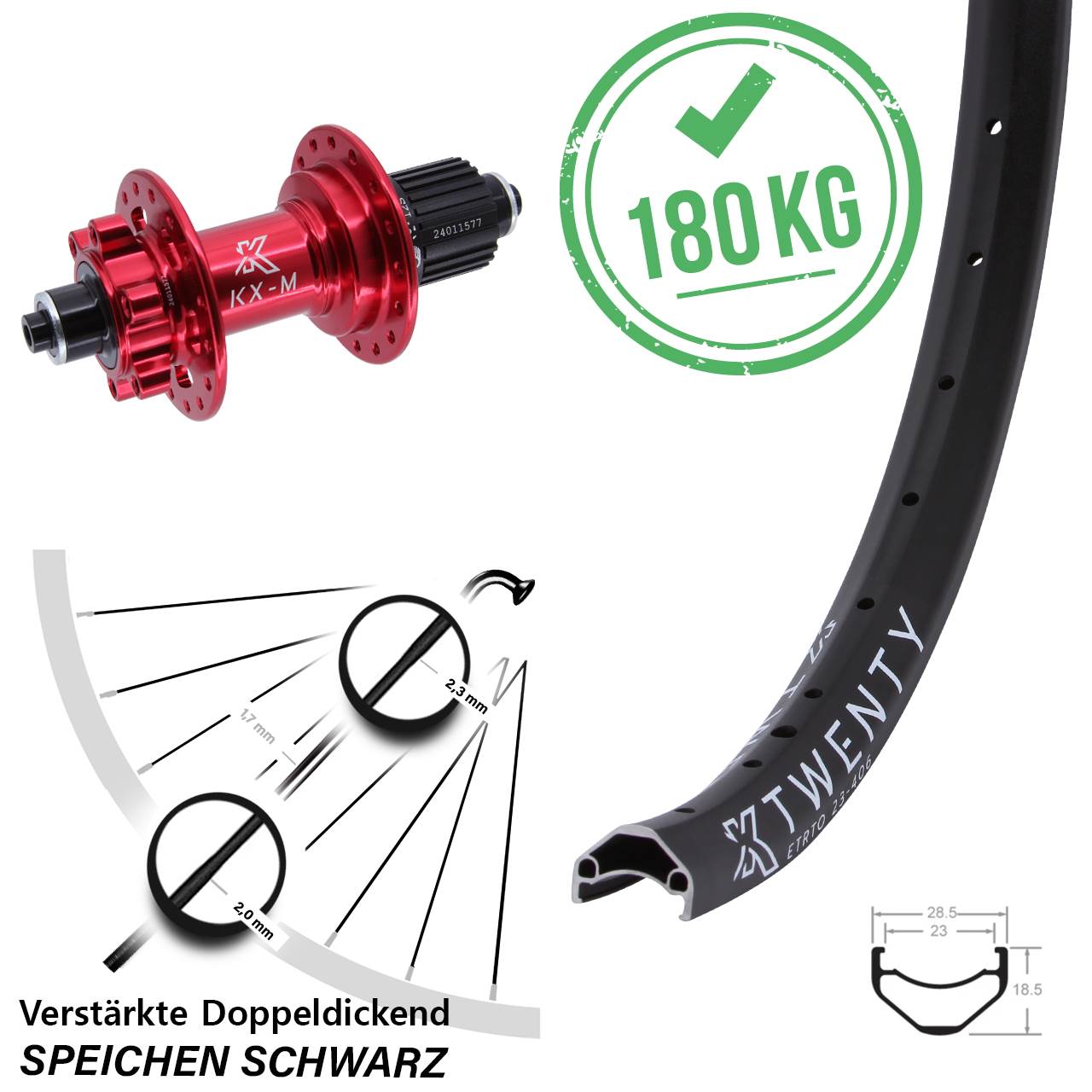 Disc Hinterrad 20 Zoll rote Nabe KX-M Twenty Shimano Micro Spline QR