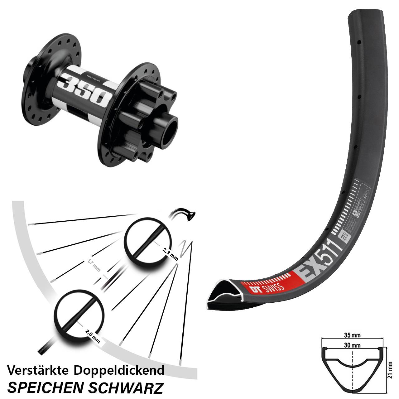 29 Zoll DT Swiss EX511-350 6-Loch Vorderrad 15x110 Boost