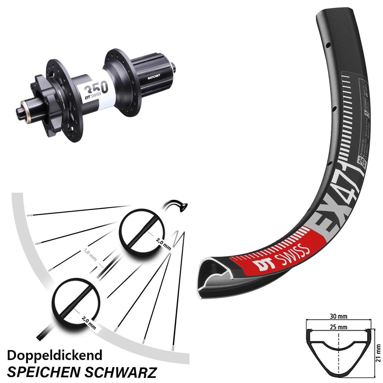 DT Swiss EX471-350 29 Zoll 6-Loch Hinterrad für Schnellspanner Boost 8-11 fach HG
