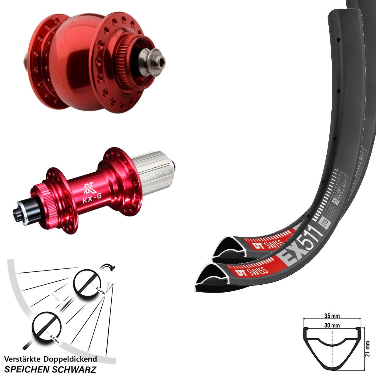 Disc Laufradsatz 27,5 Zoll DT Swiss EX511 KX-G rot SON 28 8-12 fach HG für Schnellspanner