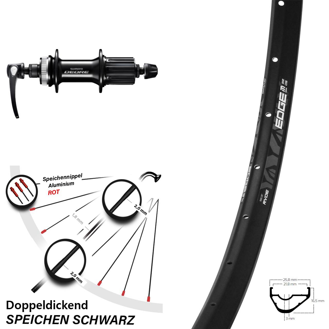 Disc Laufrad 28 Zoll Ryde Edge M22 Shimano FH-M6000 8-11 fach für Schnellspanner
