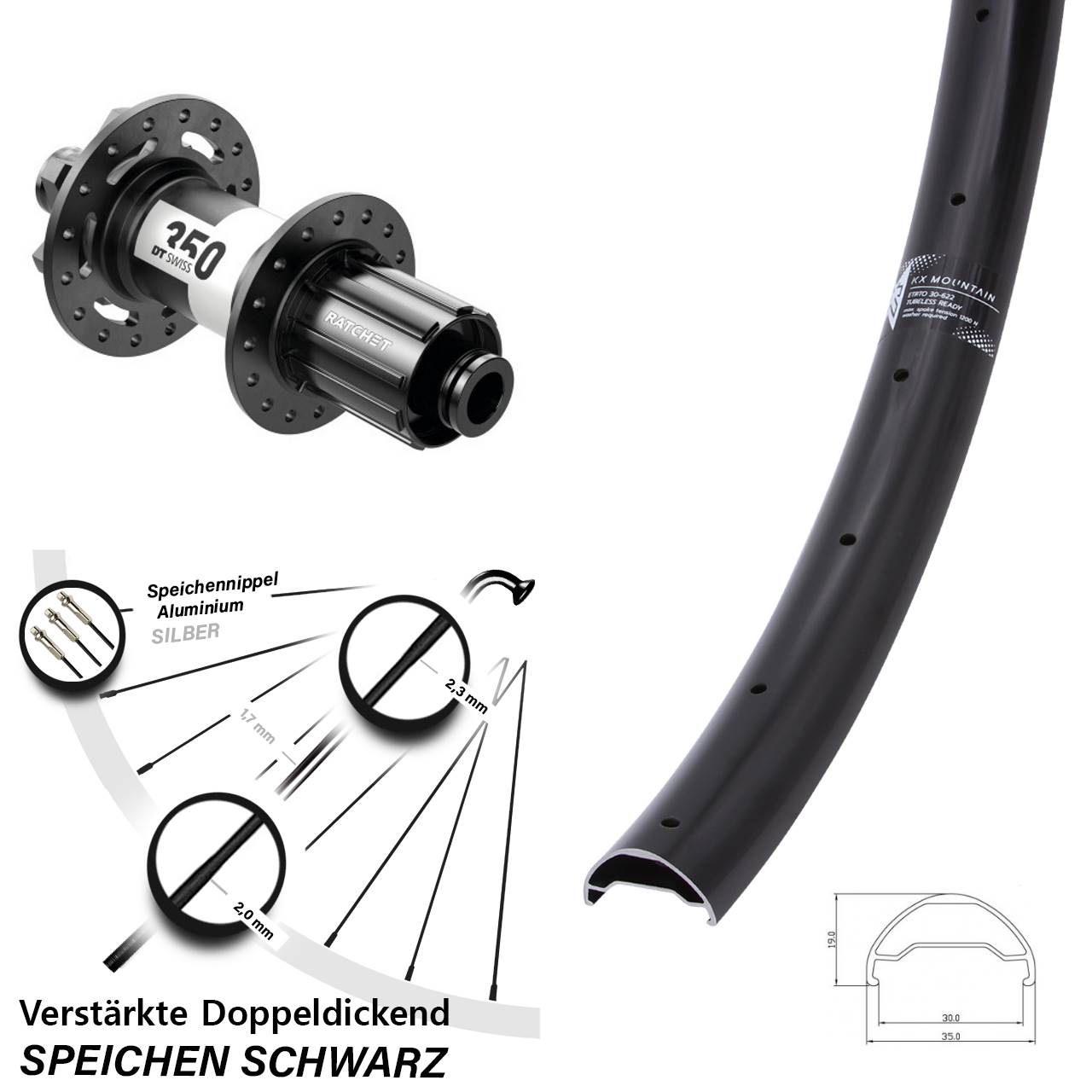 29 Zoll KX Mountain TR DT Swiss 350 Ratchet 36 Hinterrad 6-Loch 12x148 8-11 fach