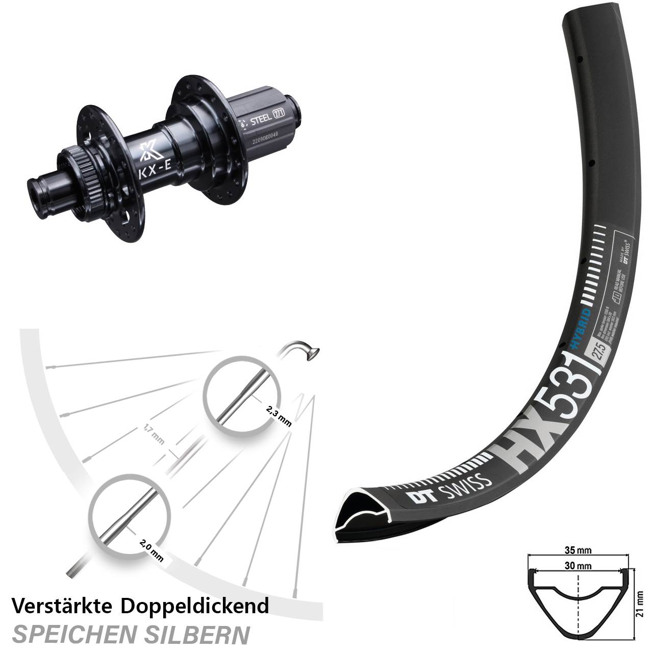 29 Zoll Hinterrad KX-E 12x142 mm Centerlock DT Swiss HX 531 E-Bike 8-12 fach