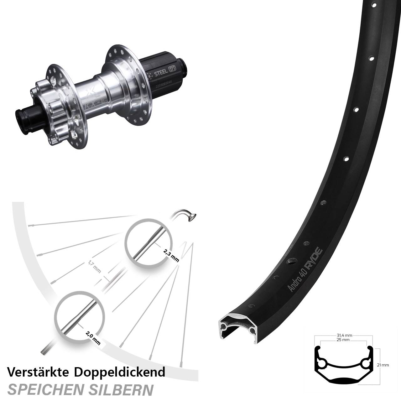 20 Zoll Hinterrad KX-E Nabe silbern 12x142 mm 6-loch 8-12 fach Ryde Andra 40 Disc