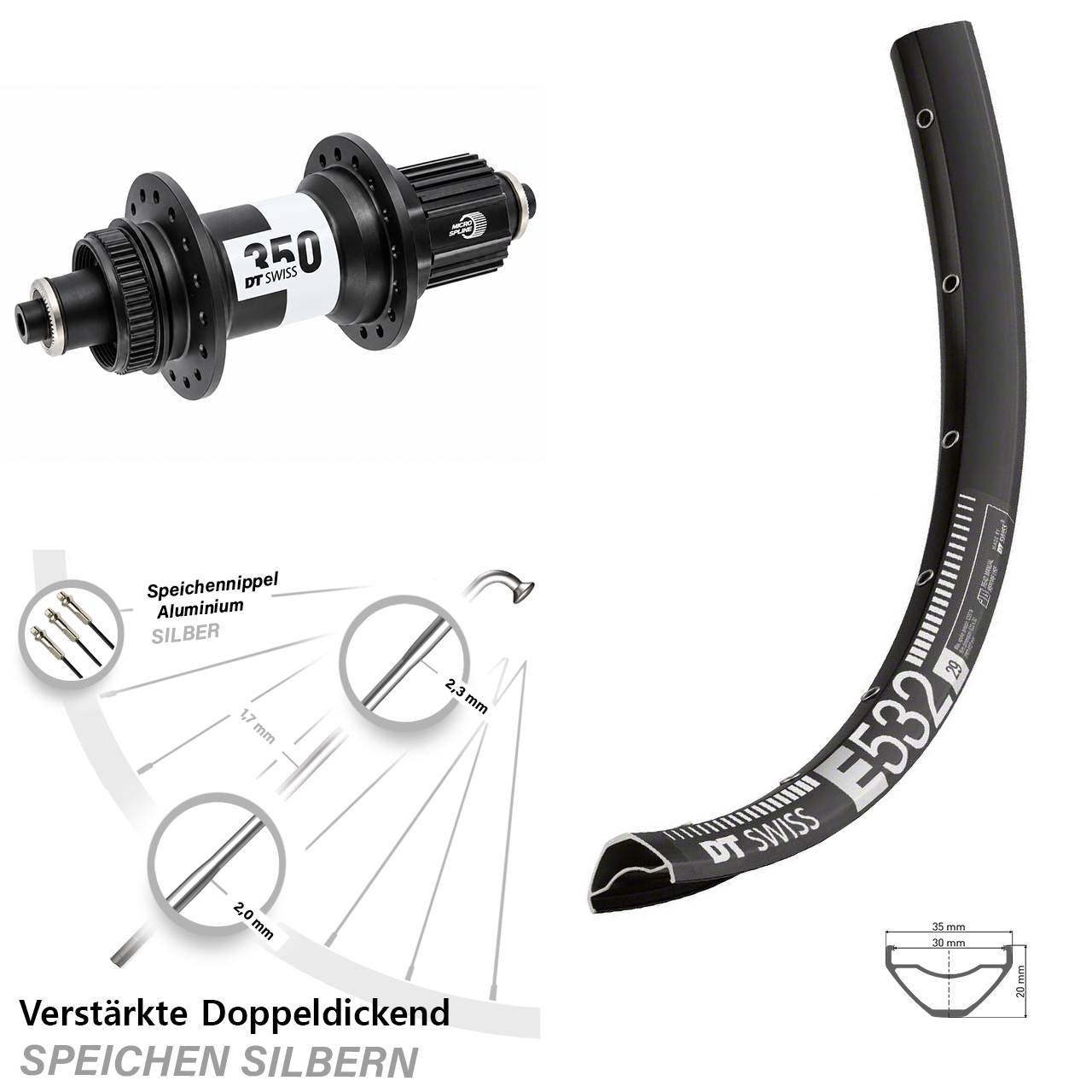 DT Swiss E532-350 Ratchet 36 29 Zoll Hinterrad für Schnellspanner Micro Spline