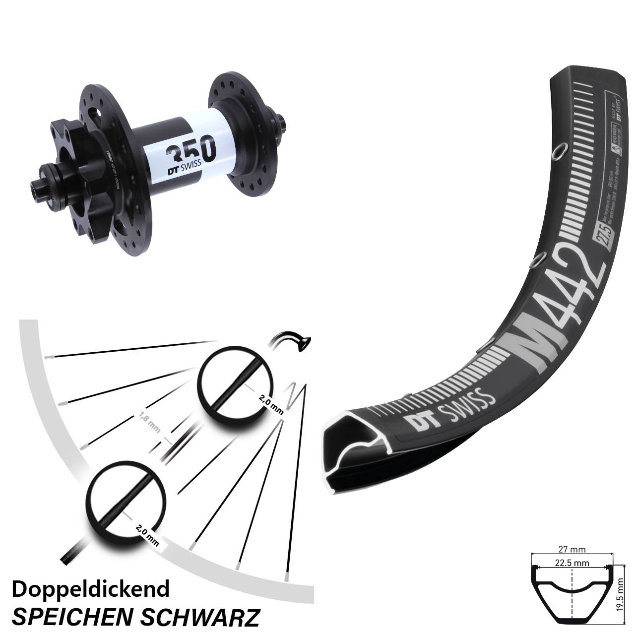 28 Zoll DT Swiss M 442-350 6-Loch Vorderrad für Schnellspanner