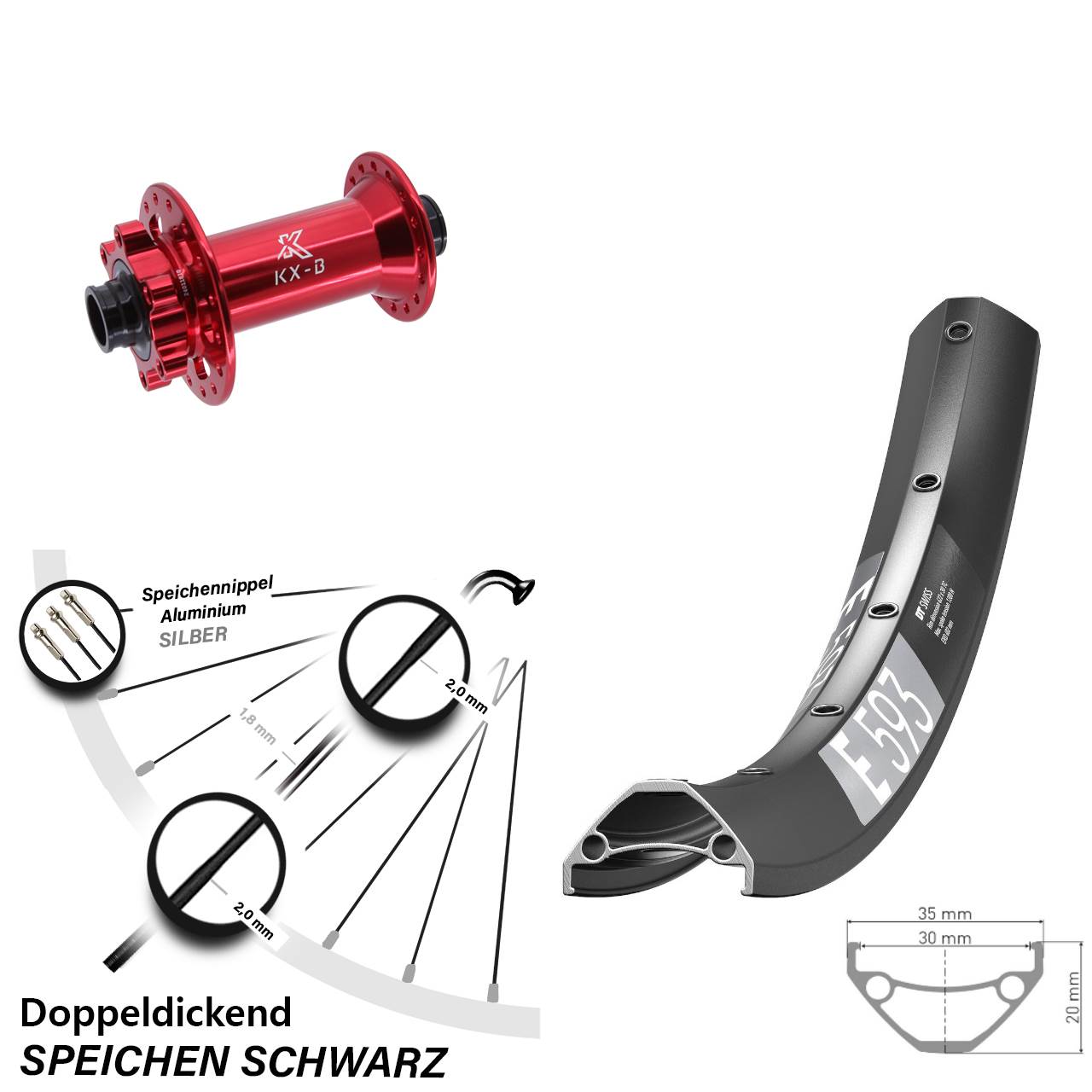 27,5 Zoll Vorderrad DT Swiss E593 KX-B rot 6-Loch Boost