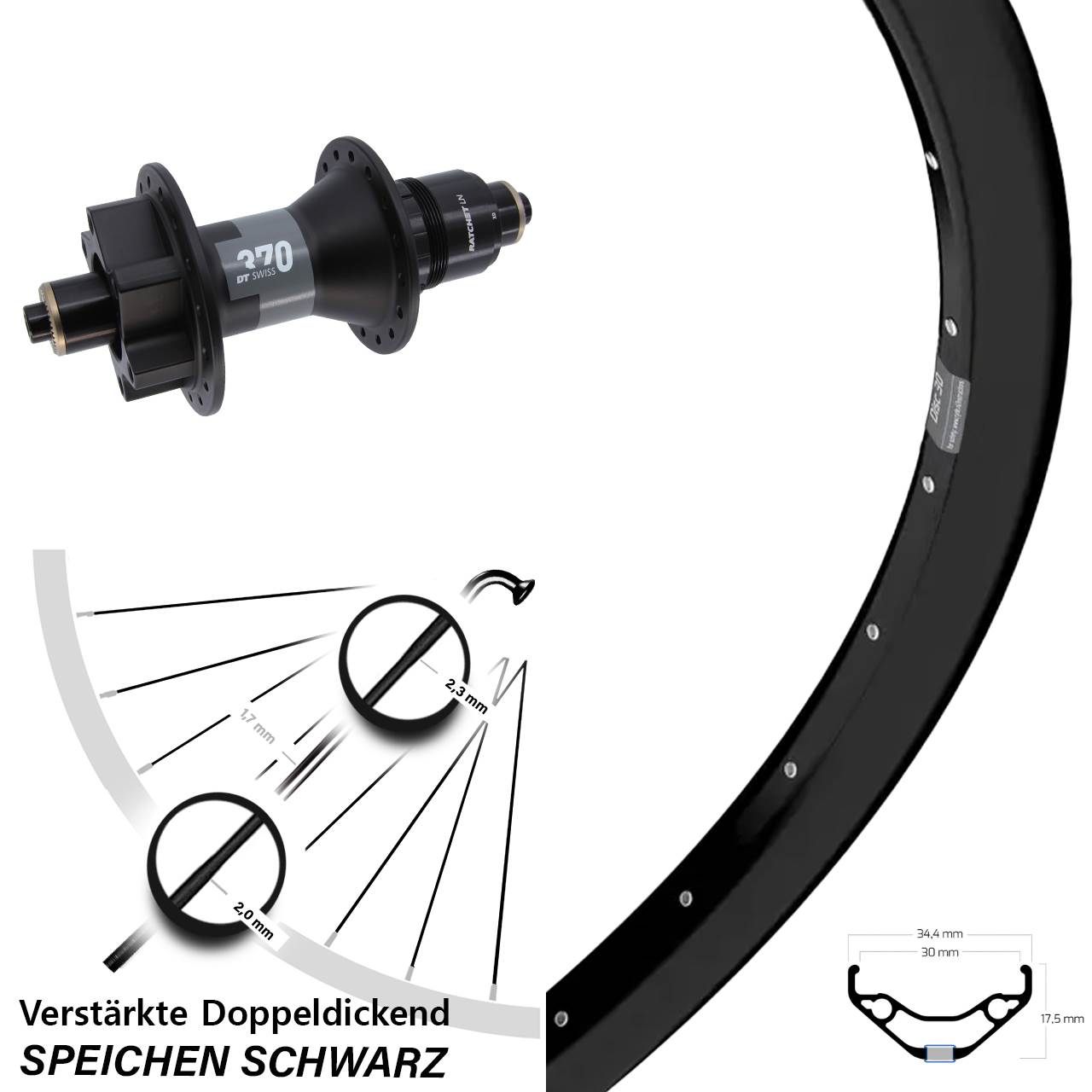 27,5 Zoll Ryde Disc 30 DT Swiss 370 Laufrad QR XD