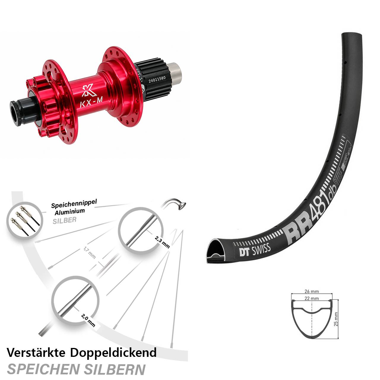 Hinterrad 6-Loch 12x142 28 Zoll DT Swiss RR481 KX-M rot Shimano Micro Spline