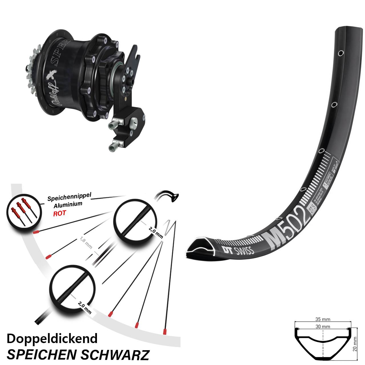 27,5 Zoll DT Swiss M502 Rohloff CC DB OEM2 Tandem schwarz