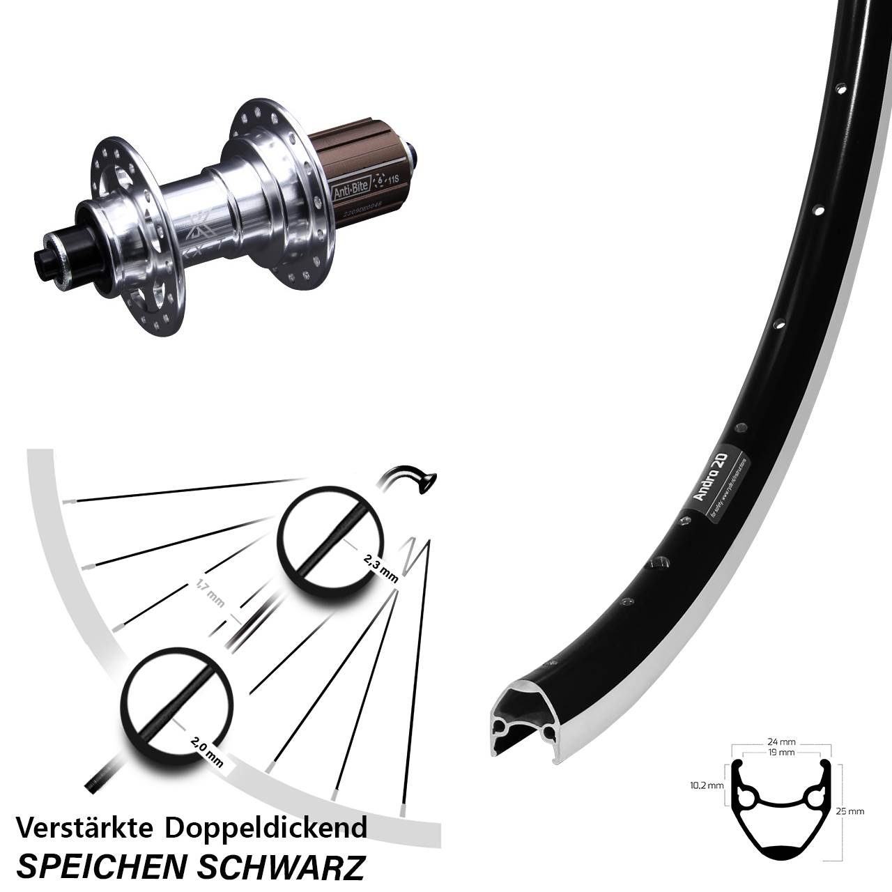 28 Zoll Ryde Andra 20 KX-T Hinterrad für Schnellspanner 8-12 fach HG