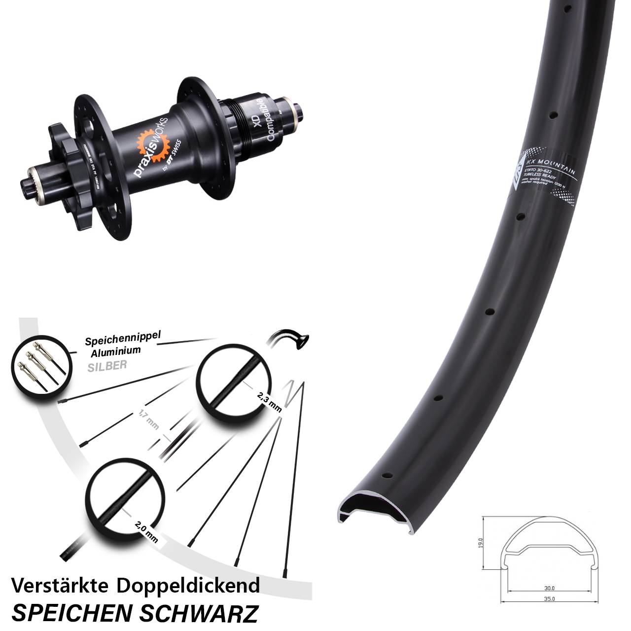 29 Zoll KX Mountain TR DT Swiss 350 6-Loch Hinterrad für Schnellspanner XD