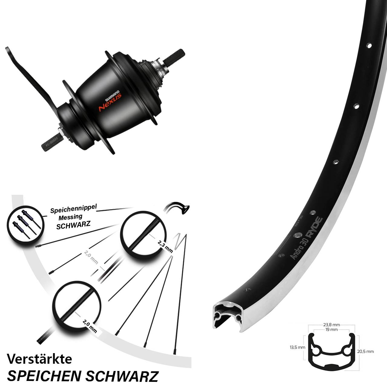 26 Zoll Hinterrad Shimano Nexus SG-C3001 7 Gang Rücktritt Ryde Andra 30 schwarz