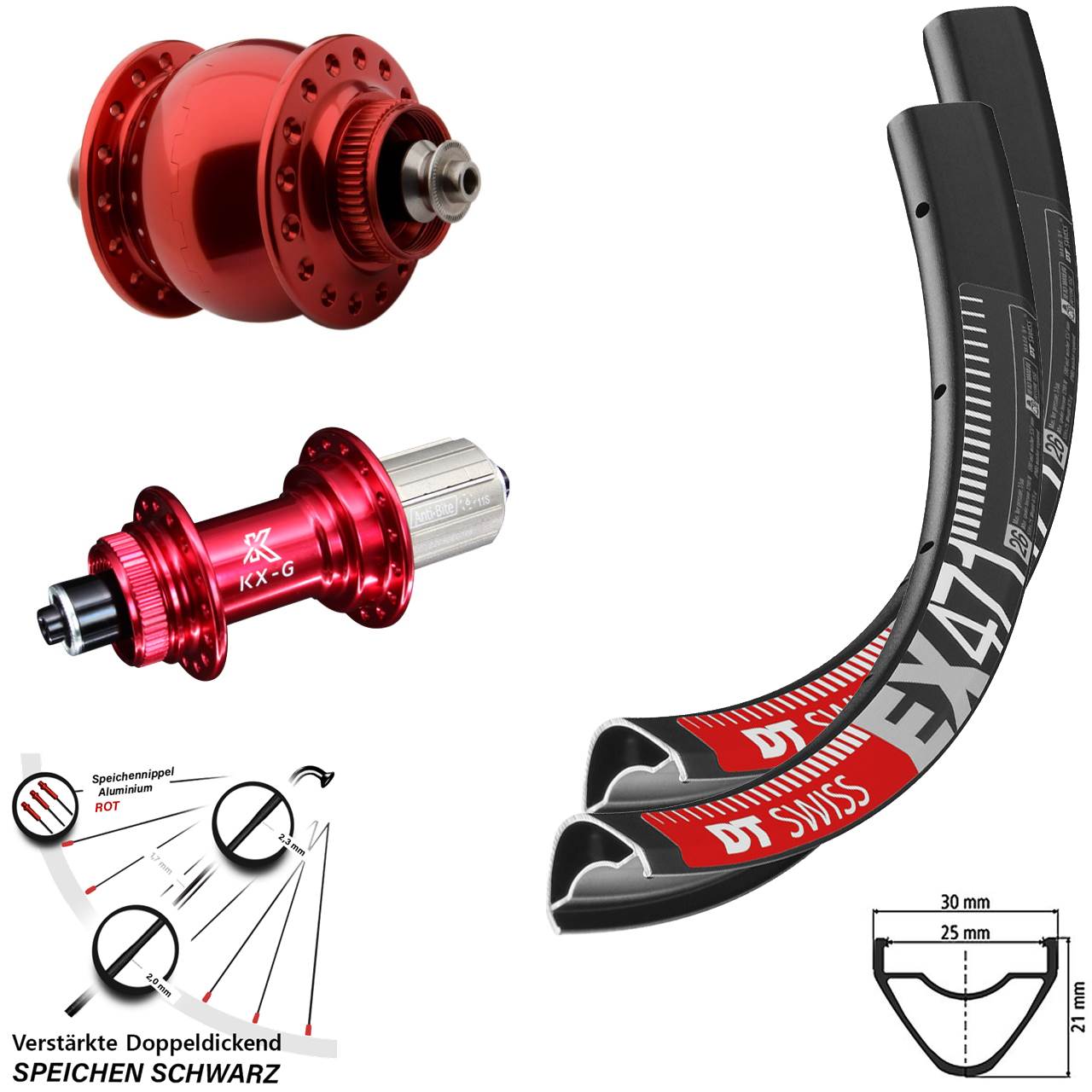 Laufradsatz Centerlock QR 650B DT Swiss EX471 KX-G SON 28 rot 8-12 fach