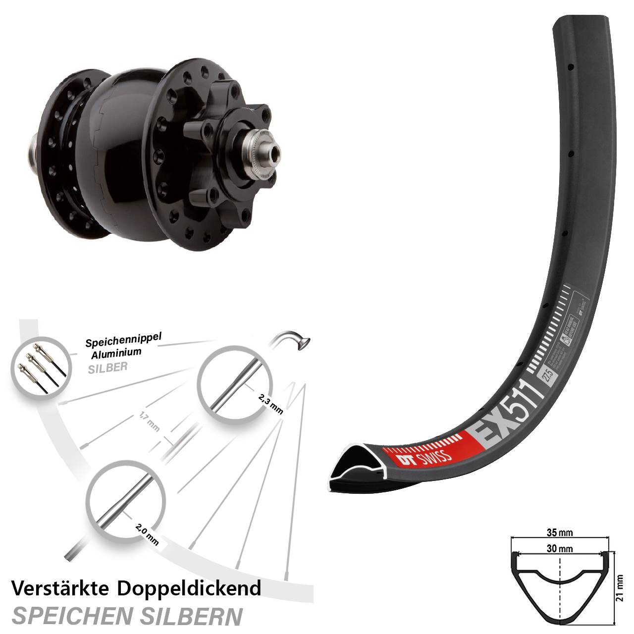 Nabendynamovorderrad 6-Loch 27,5 Zoll DT Swiss EX511 SON 28 QR