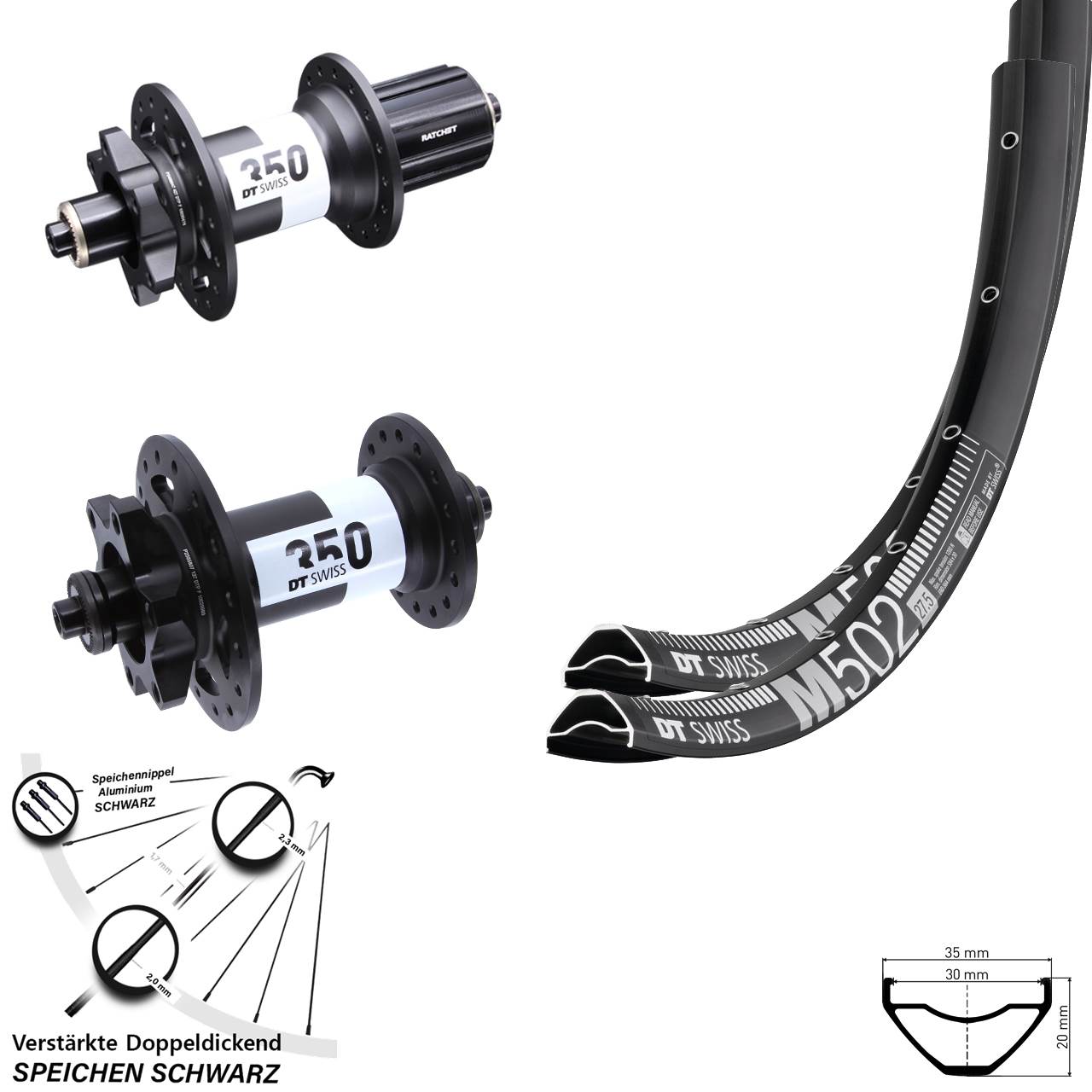 27,5 Zoll DT Swiss M 502-350 Laufradsatz 6-Loch für Schnellspanner 8-11 fach HG