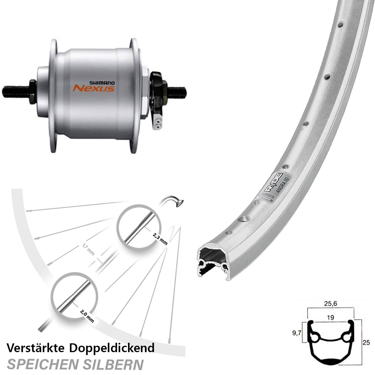 28 Zoll Ryde Andra 10 Vorderrad Shimano Nabendynamo silbern
